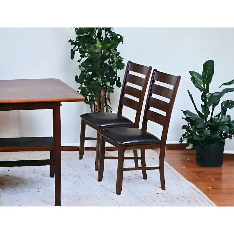 Chaises de salle à manger à dossier échelle en similicuir - Lot de 2 - Structure en bois massif - 58,5 cm (L) x 51 cm (l) x 101,5 cm (H) - Marron/Noir/Espresso