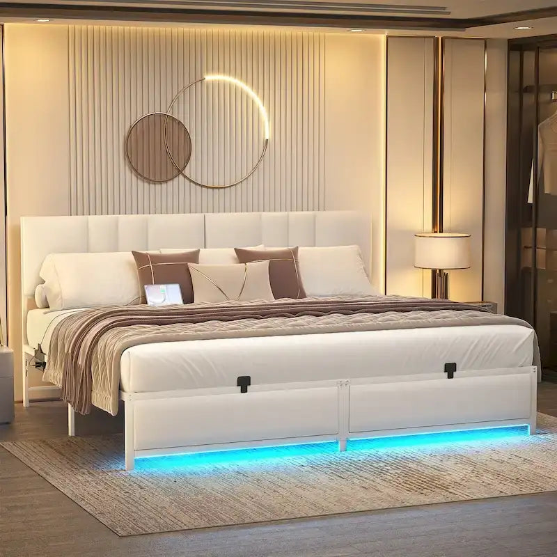 Cadre de lit rembourré - Tête de lit réglable en hauteur - Lumière LED RGB - Station de chargement - Ports et prises USB