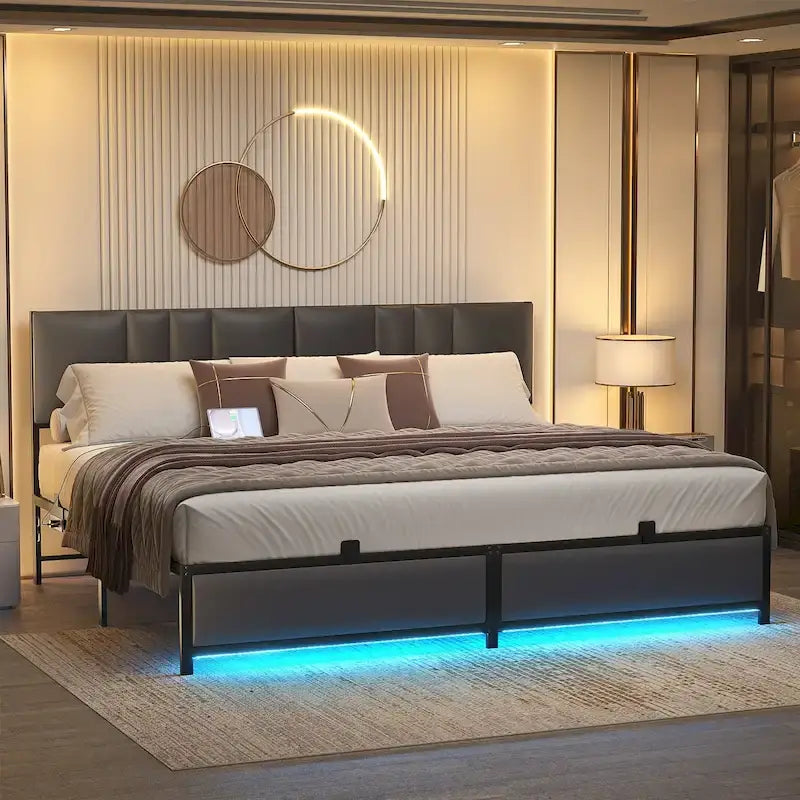 Cadre de lit rembourré - Tête de lit réglable en hauteur - Lumière LED RGB - Station de chargement - Ports et prises USB