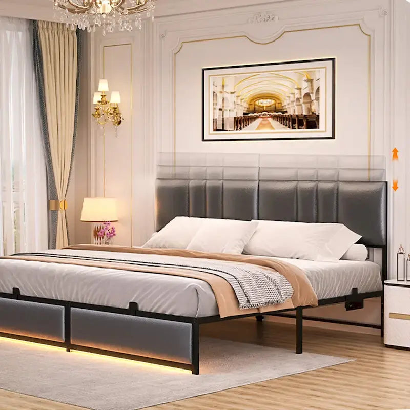 Upholstered Bed Frame with Height Adjustable Headboard,with RGB LED Light and Charging Hub