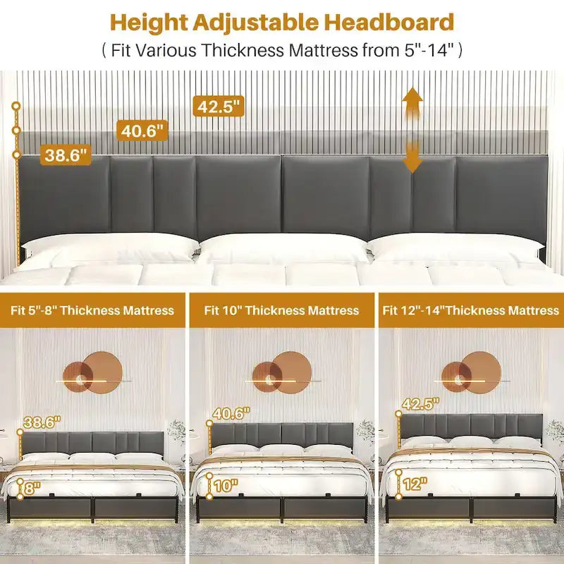Cadre de lit rembourré - Tête de lit réglable en hauteur - Lumière LED RGB - Station de chargement - Ports et prises USB