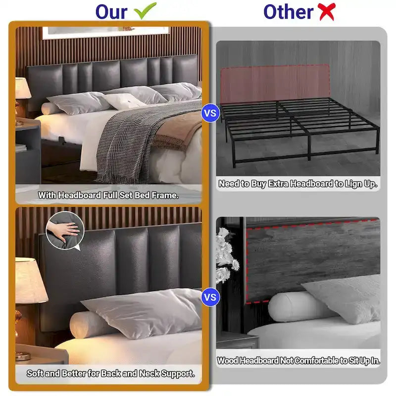 Cadre de lit rembourré - Tête de lit réglable en hauteur - Lumière LED RGB - Station de chargement - Ports et prises USB