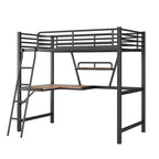 Modern Loft Bed with Desk and Storage Shelf, Heavy Duty Metal Loft Bed Frame with Safety Guardrails & Ladder for Kids Teens