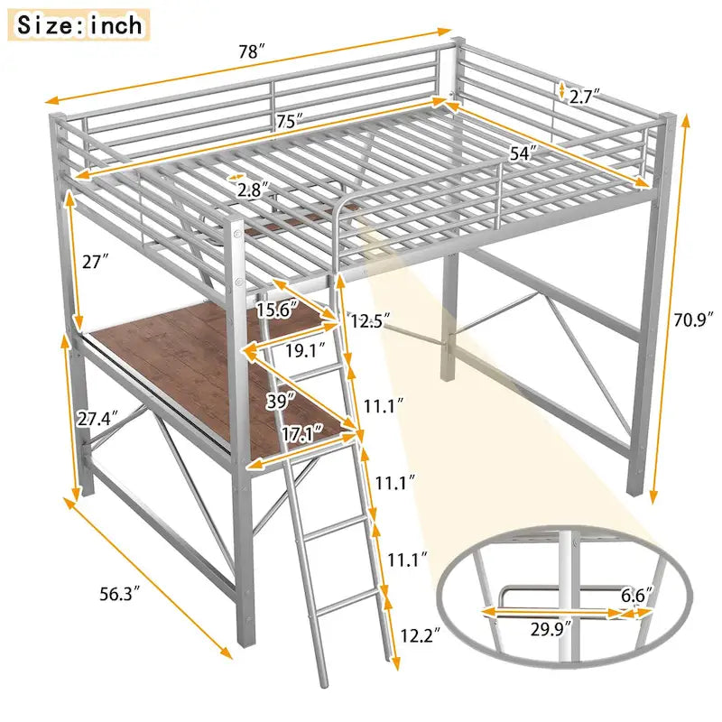 Lit mezzanine moderne en métal - Bureau et étagère de rangement - Garde-corps et échelle de sécurité - Structure robuste - Enfants et adolescents