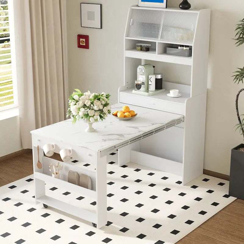 Buffet multifonctionnel - Étagère de rangement - Crochets latéraux - Meuble de rangement - Table à manger pliable - Gain de place