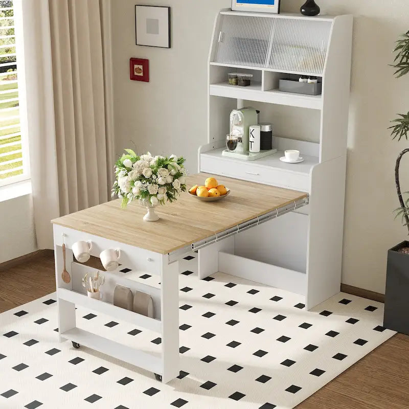 Multifunctional Cupboard Buffet with Storage Shelf,Side Hooks,Hutch and Foldable Dining Table