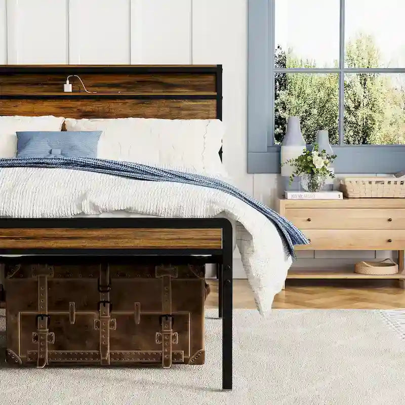 Lit plateforme Queen Size - Tête de lit avec rangement - Éclairage LED RGB - Ports USB et prises électriques - Contrôle via application