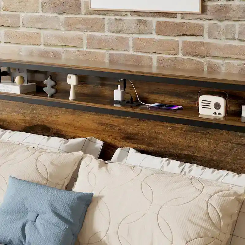 Lit plateforme Queen Size - Tête de lit avec rangement - Éclairage LED RGB - Ports USB et prises électriques - Contrôle via application