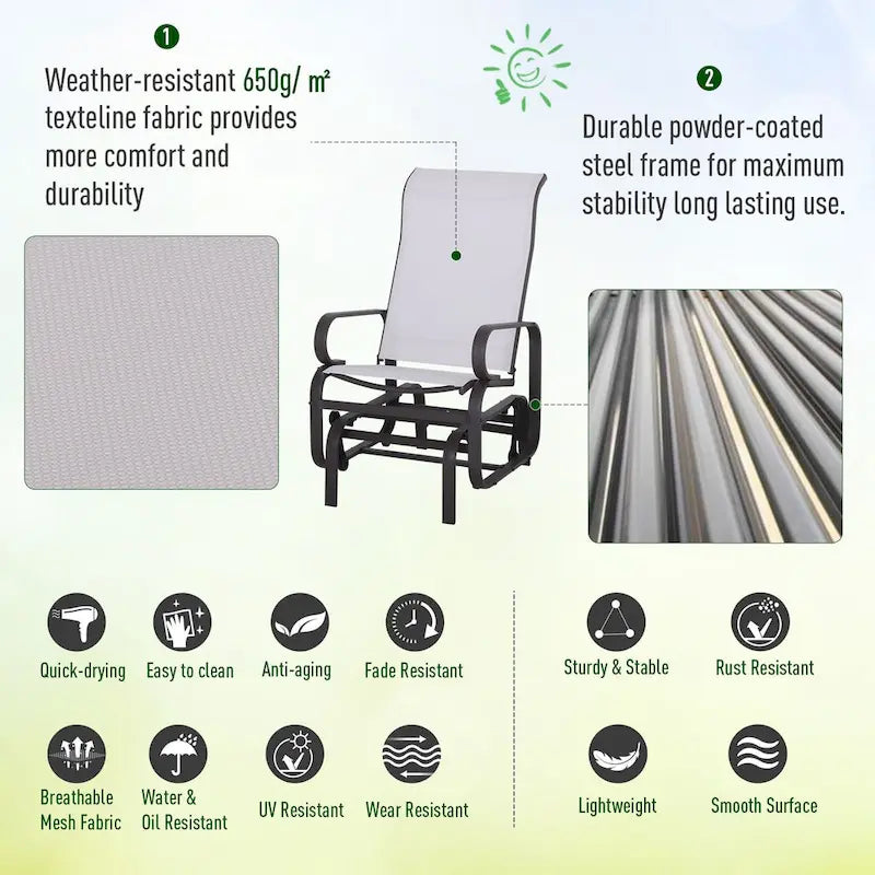 Balancelle à bascule Outsunny pour terrasse, avec assise en maille respirante et accoudoirs lisses, idéale pour le jardin, la cour ou la pelouse.