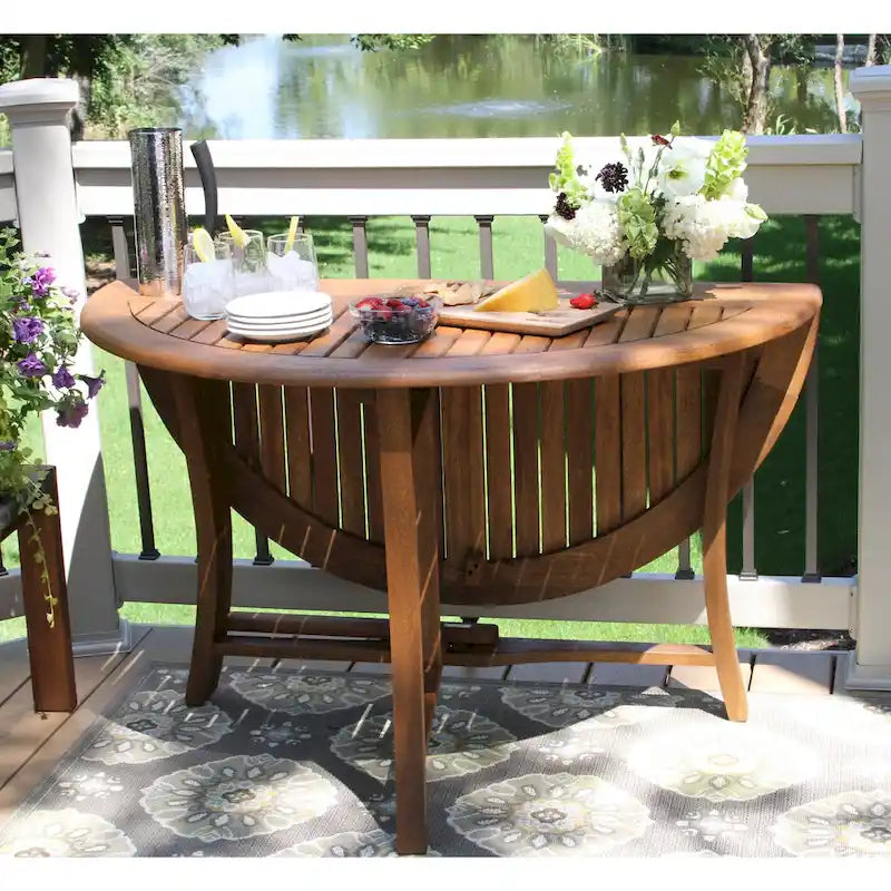 Table de jardin pliante ronde en eucalyptus de 109 cm (43 po) - Trou pour parasol - Brun ocre - Quincaillerie en acier inoxydable