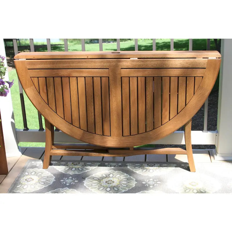 Table de jardin pliante ronde en eucalyptus de 109 cm (43 po) - Trou pour parasol - Brun ocre - Quincaillerie en acier inoxydable