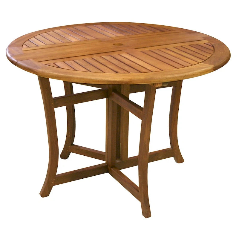 Table de jardin pliante ronde en eucalyptus de 109 cm (43 po) - Trou pour parasol - Brun ocre - Quincaillerie en acier inoxydable