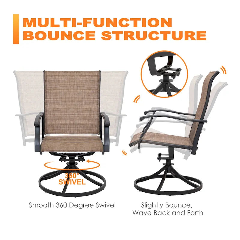 Ensemble de 2 chaises pivotantes d'extérieur pour patio, tissu textilène, structure en fer