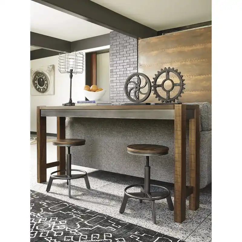 Table haute de bar marron - Placage acacia - Finition gris anthracite vieilli - Style industriel vintage - 183 cm (L) x 41 cm (P) x 91 cm (H)