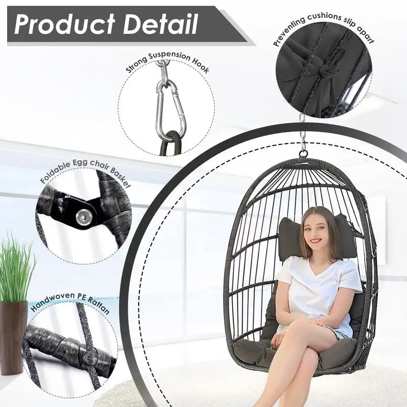 Fauteuil suspendu œuf royal d'extérieur FINCATI sans support, 159 kg (350 lb), fauteuil suspendu œuf confortable d'intérieur sans support, balancelle œuf sans support