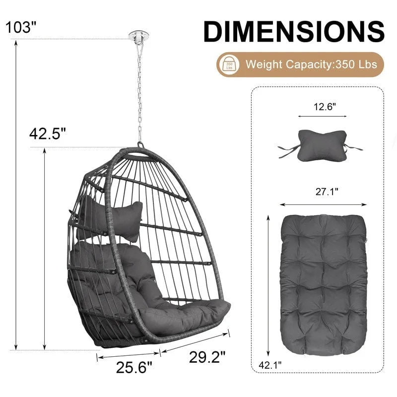 Fauteuil suspendu œuf royal d'extérieur FINCATI sans support, 159 kg (350 lb), fauteuil suspendu œuf confortable d'intérieur sans support, balancelle œuf sans support
