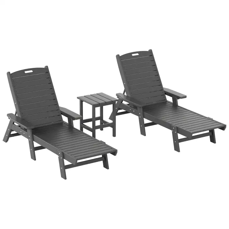 Ensemble de 3 chaises longues d'extérieur en PEHD - Chaises de piscine inclinables avec table d'appoint - Résistant aux intempéries - Capacité de charge : 227 kg