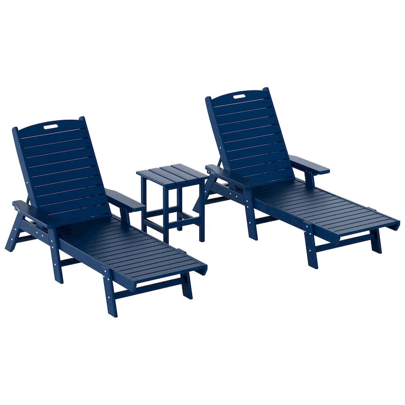 Ensemble de 3 chaises longues d'extérieur en PEHD - Chaises de piscine inclinables avec table d'appoint - Résistant aux intempéries - Capacité de charge : 227 kg