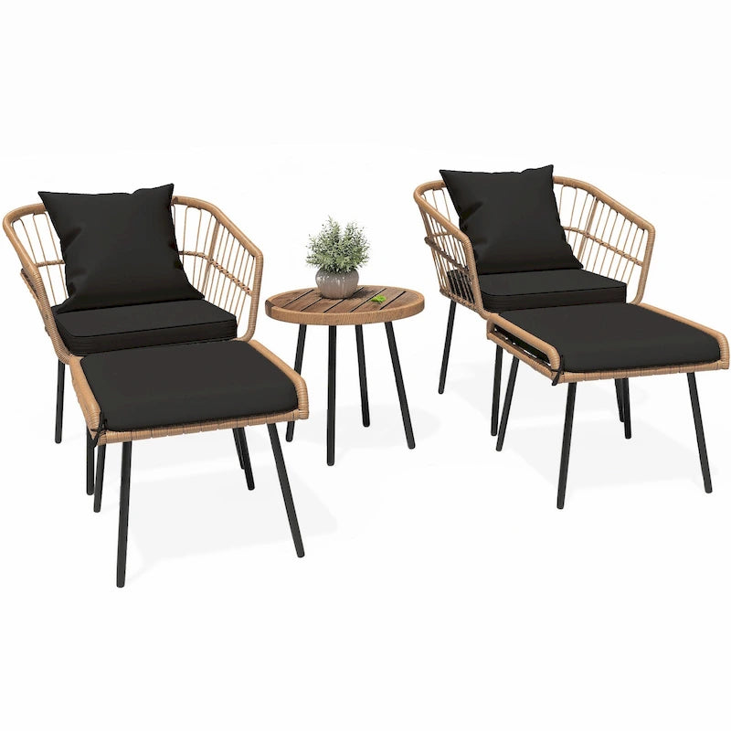 Ensemble bistro de patio extérieur en osier 5 pièces Moasis avec repose-pieds et poufs