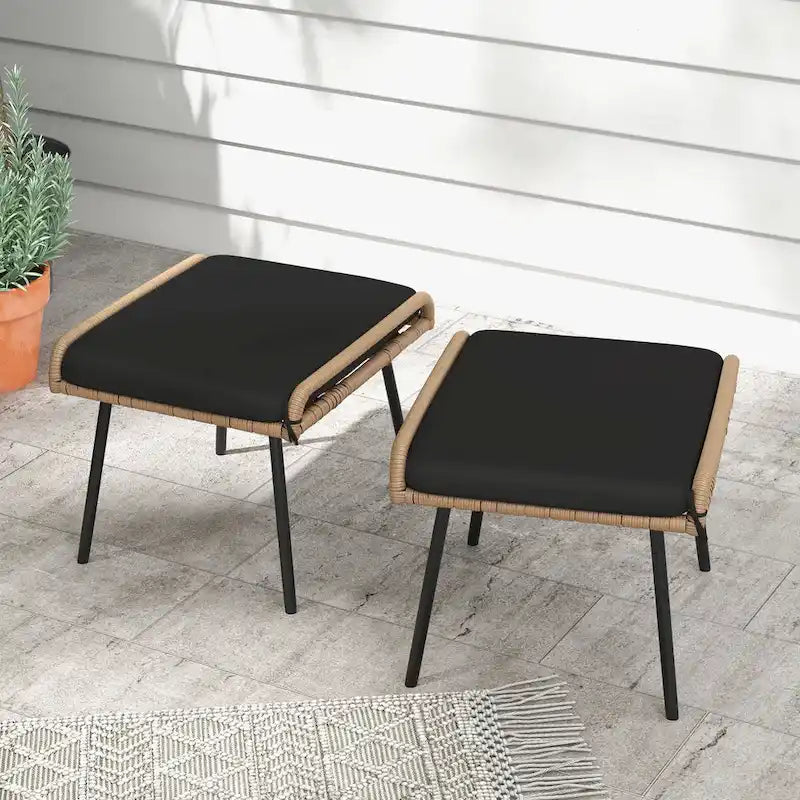 Ensemble bistro de patio extérieur en osier 5 pièces Moasis avec repose-pieds et poufs