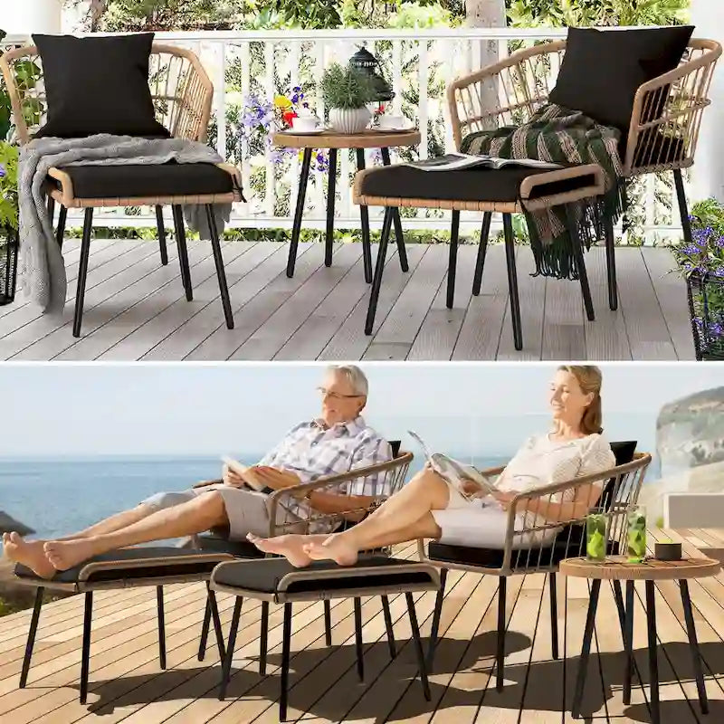 Ensemble bistro de patio extérieur en osier 5 pièces Moasis avec repose-pieds et poufs
