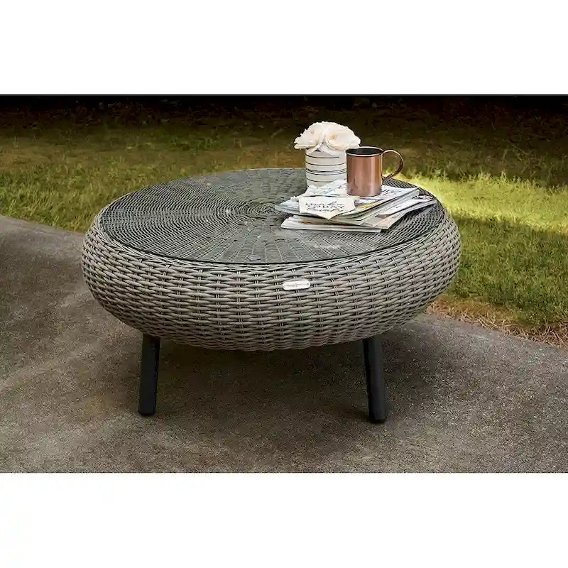 Table basse ronde d'extérieur en résine tressée - 86 cm de diamètre - Plateau en verre trempé - Résine résistante aux intempéries - Structure en aluminium