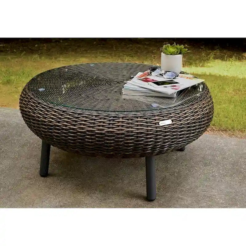 Table basse ronde d'extérieur en résine tressée - 86 cm de diamètre - Plateau en verre trempé - Résine résistante aux intempéries - Structure en aluminium