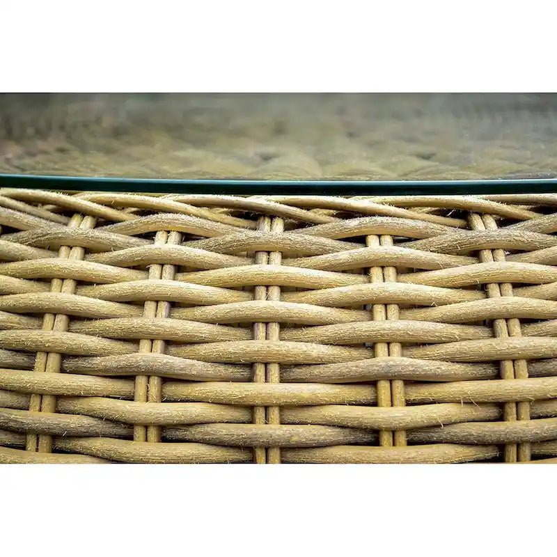 Table basse ronde d'extérieur en résine tressée - 86 cm de diamètre - Plateau en verre trempé - Résine résistante aux intempéries - Structure en aluminium