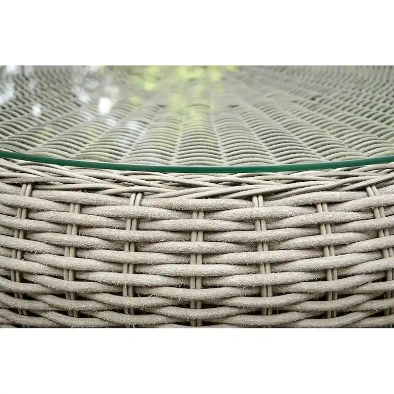 Table basse ronde d'extérieur en résine tressée - 86 cm de diamètre - Plateau en verre trempé - Résine résistante aux intempéries - Structure en aluminium