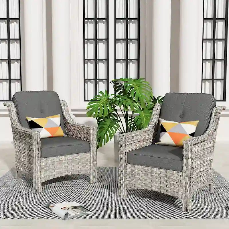 Ensemble de 2 chaises de jardin en rotin tressé à dossier haut - Résine PE tressée à la main - Acier thermolaqué - Coussins inclus