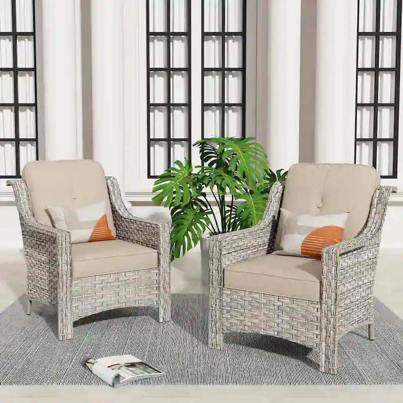 Ensemble de 2 chaises de jardin en rotin tressé à dossier haut - Résine PE tressée à la main - Acier thermolaqué - Coussins inclus