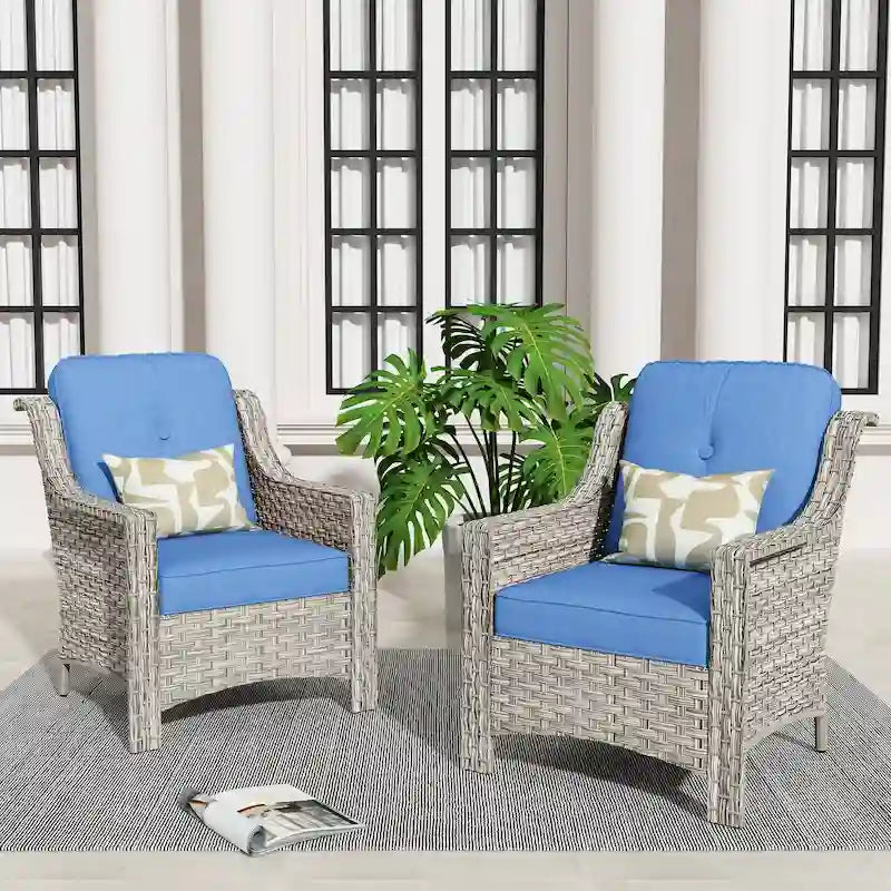 Ensemble de 2 chaises de jardin en rotin tressé à dossier haut - Résine PE tressée à la main - Acier thermolaqué - Coussins inclus