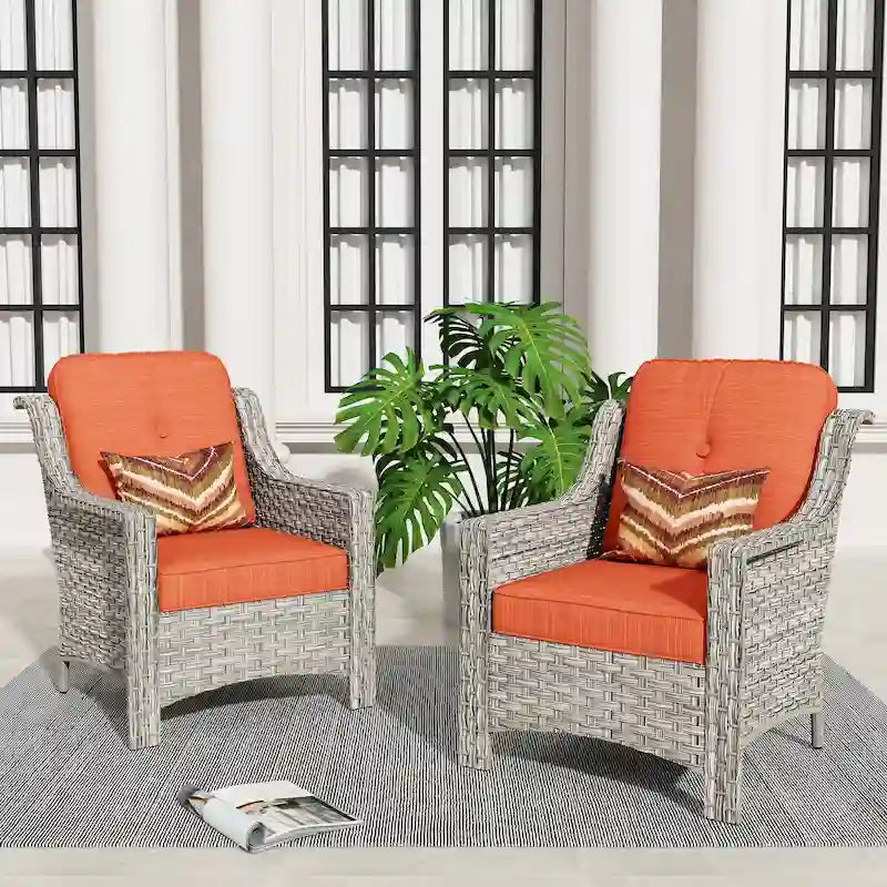 Ensemble de 2 chaises de jardin en rotin tressé à dossier haut - Résine PE tressée à la main - Acier thermolaqué - Coussins inclus