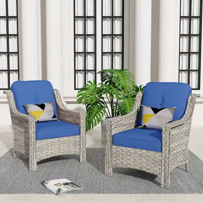 Ensemble de 2 chaises de jardin en rotin tressé à dossier haut - Résine PE tressée à la main - Acier thermolaqué - Coussins inclus