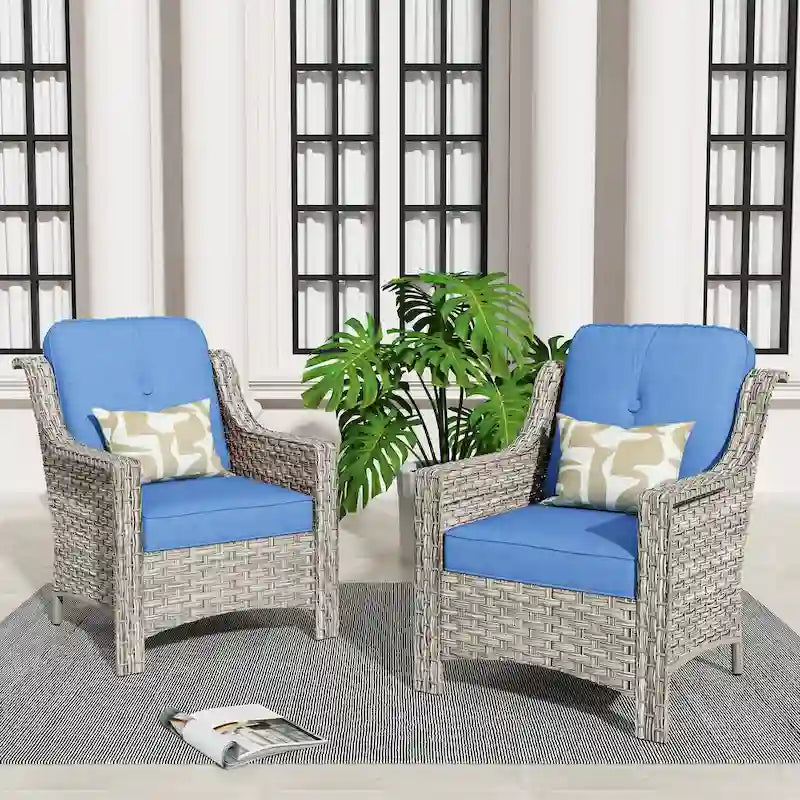 Ensemble de 2 chaises de jardin en rotin tressé à dossier haut - Résine PE tressée à la main - Acier thermolaqué - Coussins inclus