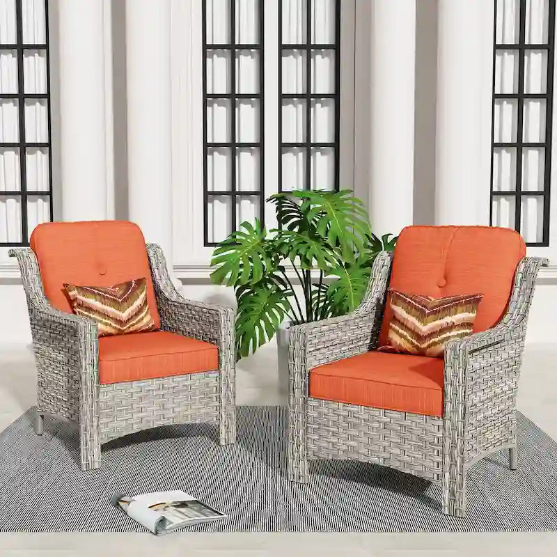 Ensemble de 2 chaises de jardin en rotin tressé à dossier haut - Résine PE tressée à la main - Acier thermolaqué - Coussins inclus