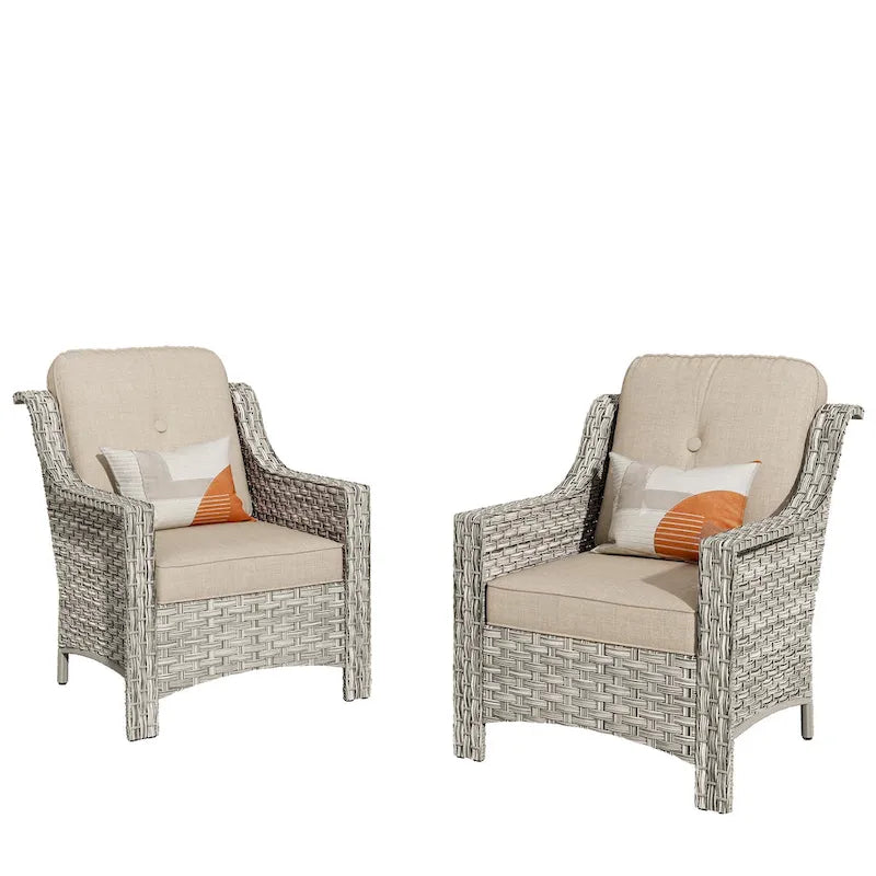 Ensemble de 2 chaises de jardin en rotin tressé à dossier haut - Résine PE tressée à la main - Acier thermolaqué - Coussins inclus