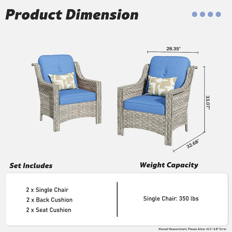 Ensemble de 2 chaises de jardin en rotin tressé à dossier haut - Résine PE tressée à la main - Acier thermolaqué - Coussins inclus