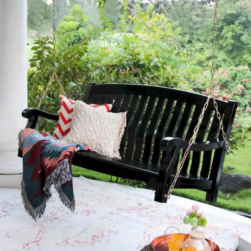 Balançoire de porche en bois d'acajou - Balançoire extérieure résistante aux intempéries - Capacité de 227 kg - Chaînes et accessoires inclus