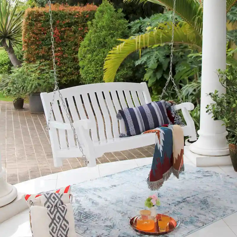 Balançoire de porche en bois d'acajou - Balançoire extérieure résistante aux intempéries - Capacité de 227 kg - Chaînes et accessoires inclus