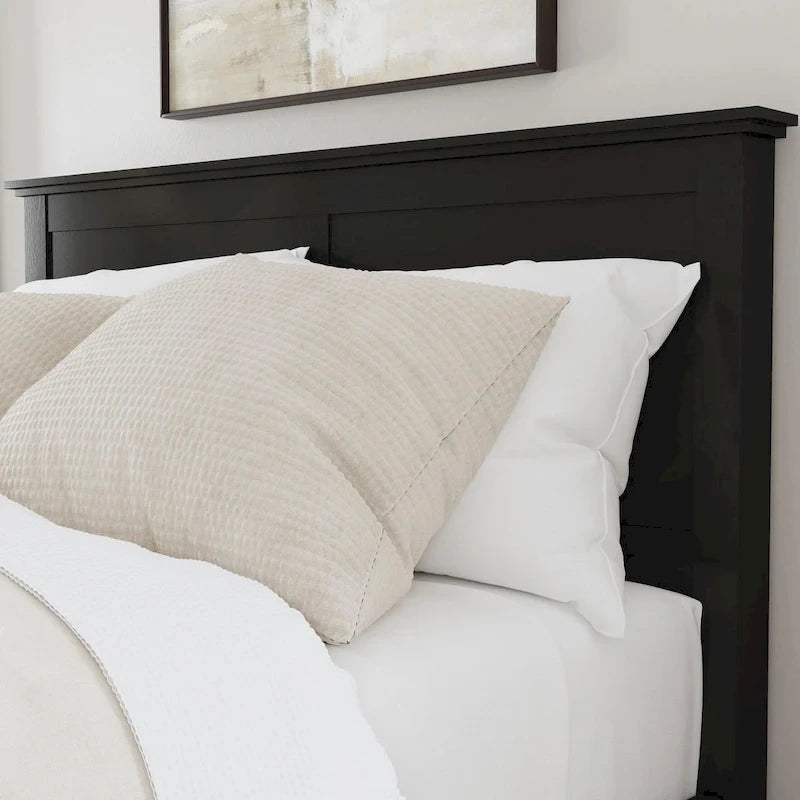 Lit Queen en bois massif et bois d'ingénierie - Finition noire - Design à double panneau - Style intemporel