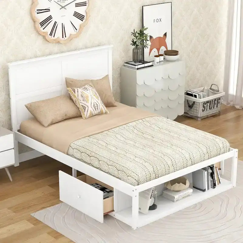 Full Size Platform Bed with Drawer on the Each Side and Shelf on the End of the Bed,
