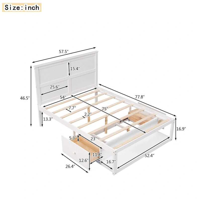 Lit plateforme double - Tiroirs de chaque côté - Étagère latérale - Style rustique moderne - Solution de rangement