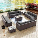 Ensemble de mobilier de jardin 15 pièces avec table foyer - Canapé d'angle en rotin - Chauffage au propane 55 000 BTU - Conception modulaire