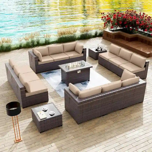 Kullavik 15 Pieces Outdoor Patio Furniture Set with Fire Pit Table