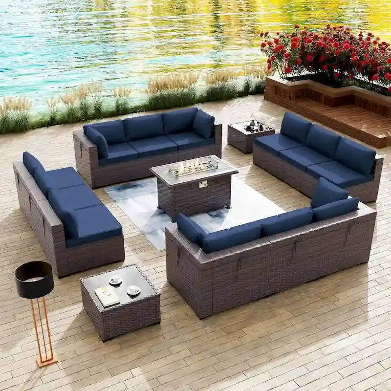 Ensemble de mobilier de jardin 15 pièces avec table foyer - Canapé d'angle en rotin - Chauffage au propane 55 000 BTU - Conception modulaire