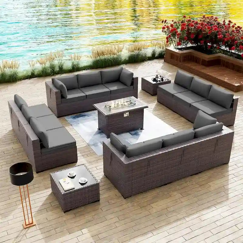 Ensemble de mobilier de jardin 15 pièces avec table foyer - Canapé d'angle en rotin - Chauffage au propane 55 000 BTU - Conception modulaire