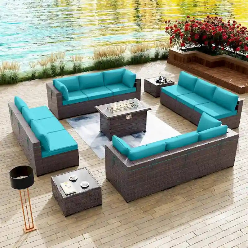 Ensemble de mobilier de jardin 15 pièces avec table foyer - Canapé d'angle en rotin - Chauffage au propane 55 000 BTU - Conception modulaire