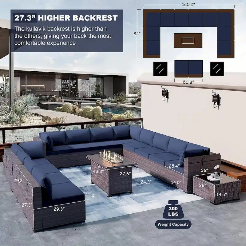 Ensemble de mobilier de jardin 15 pièces avec table foyer - Canapé d'angle en rotin - Chauffage au propane 55 000 BTU - Conception modulaire