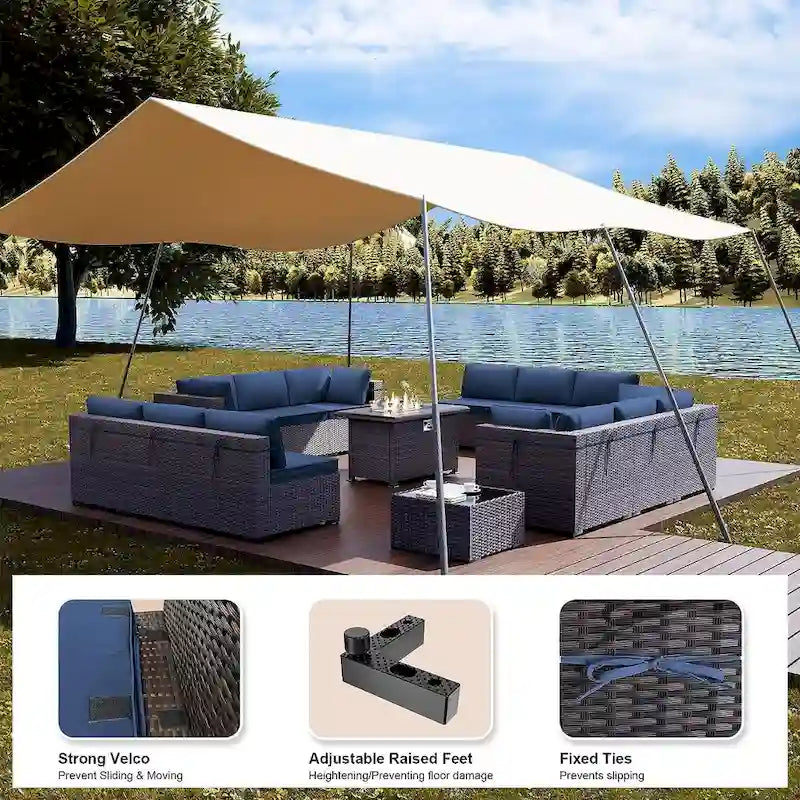 Ensemble de mobilier de jardin 15 pièces avec table foyer - Canapé d'angle en rotin - Chauffage au propane 55 000 BTU - Conception modulaire